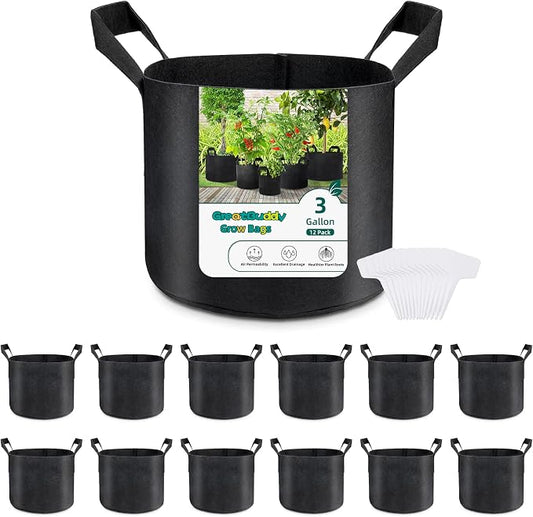 GreatBuddy Grow Bags 3 Gallon 12-Pack, Heavy Duty Fabric Grow Bags with Handles for Vegetables, Herbs, and Tomatoes, Fabric Pots & Planting Bags for Outdoor Home Gardening