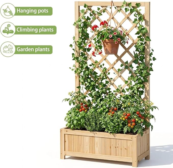 Wooden Raised Garden Bed with Trellis, 47" Outdoor Planter Box for Climbing Plants, Vertical Natural Wood Garden Planter for Vegetables, Flowers & Vines, Lattice Plant Support for Patio Yard Balcony