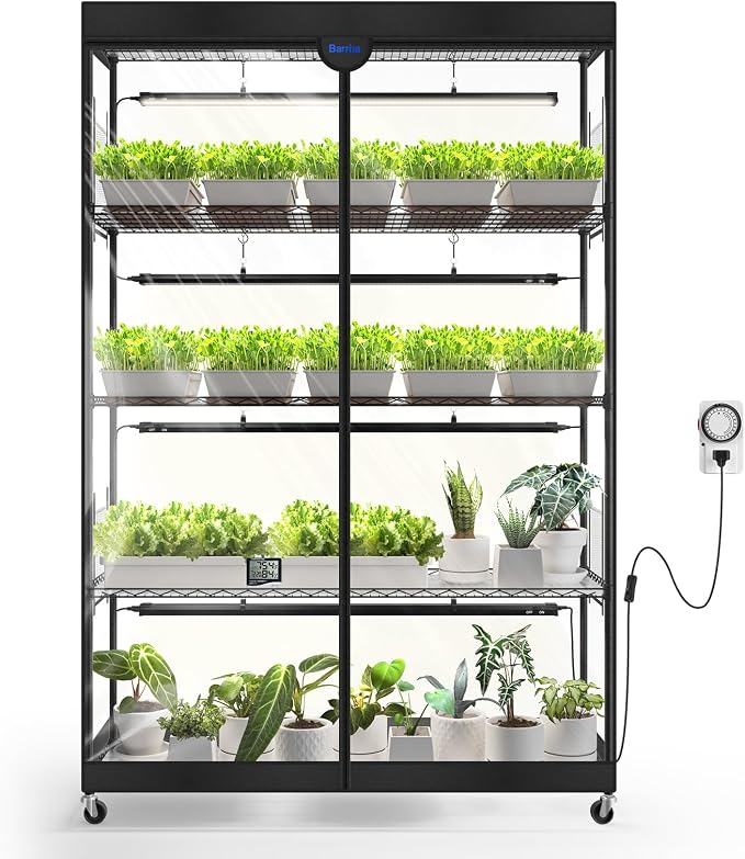 Barrina LP1200 Indoor Greenhouse with Grow Light, 5-Tier, 200W TX-S50 3.2FT 5000K, Full Spectrum Plant Shelf with Tent Timer & Thermometer for Seed Starting, 47.2 x 13.8 x 70.9IN