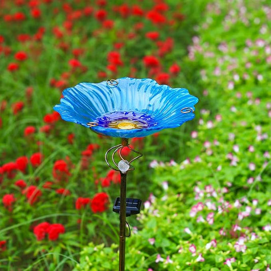 Homight Solar Glass Blue Bird Bath, Yard Art，Garden Outdoor Birdbath with Metal Stake with White LED Light Metal Stake Garden Decor Gift