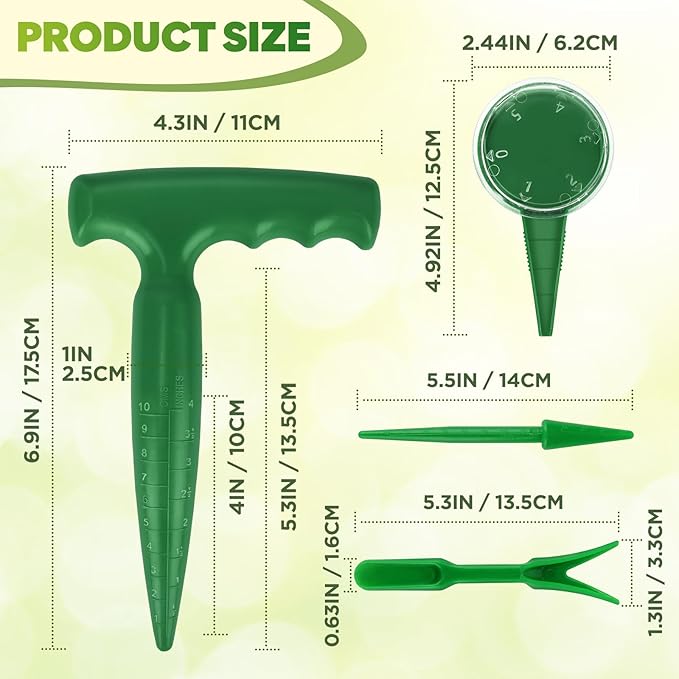 Seed Planter Tool, T-Handle Seed Dibber with Scale, Seed Dispenser with 5 Adjustable Holes, Seedling Transplanter, Mini Planting Dibber for Trays, Raised Bed, Balcony Garden (Dark Green 4PCS)