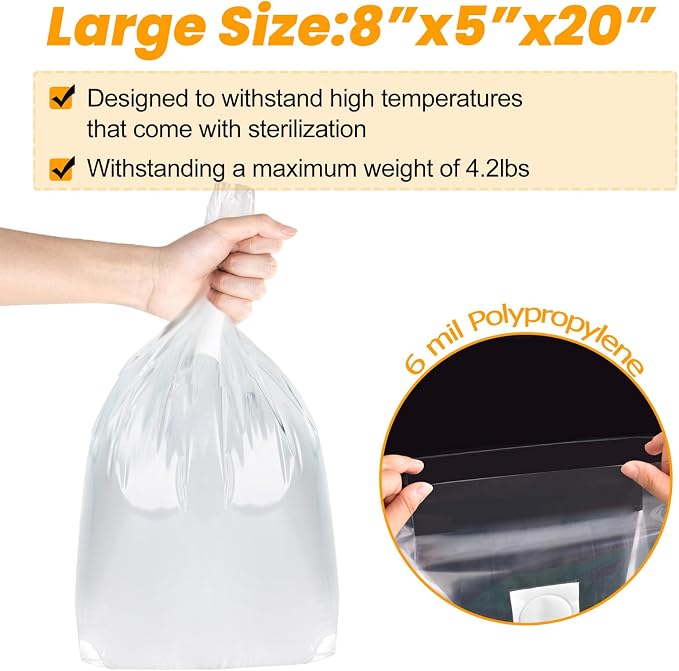 100PCS Mushroom Planting Kit - 8"5"20" Thickened Growing Bags, 6 Mil Thick Durable, Tear Resistant, 0.2 Micron Porosity Resistant High Pressure Spawning Bags