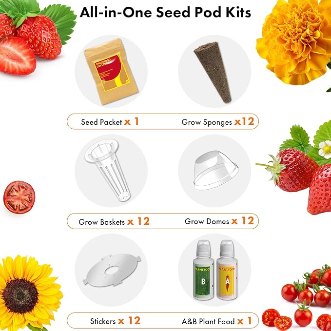 LYKOCLEAN Flower Fruit Seed Pods for AeroGarden, Ahopegarden, iDOO Hydroponics Growing System Indoor, 350 Seeds+ Including Dwarf Sunflower Bambino, Marigold, Red Tomato, Red Strawberry (12-Pods)