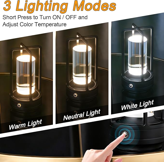 Cordless Table Lamp Rechargeable, Battery Operated Crystal Lamp, Stepless Dimming Touch Control, 3 Color LED Bedside Night Light for Bedroom, Dining Room, Outdoor Camping, Black (2 Pack)