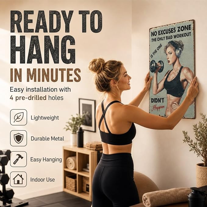 No Excuses Zone Vintage Gym Tin Sign for Women Home Gym Decor Motivational Metal Wall Art Retro Fitness Room Sign for Workout Room Garage Gym She Shed 12x8 Inch