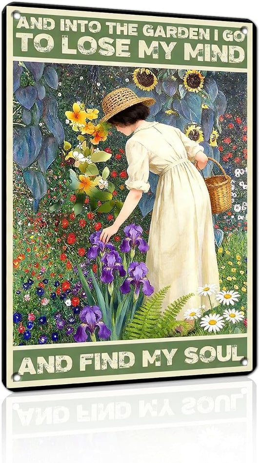 PEACHGARDEN Garden Signs and Into The Garden I Go Women's Gardening Gift Metal Sign Yard Wall Art Decor for Patio Porch Backyard 8x12 inch