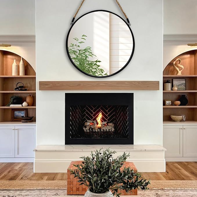 POZINO Round Hanging Mirror with Rope, 30 Inch Large Circle Wall Mirror, Black Metal Frame Farmhouse Mirror for Bathroom Bedroom Living Room Entryway Hallway