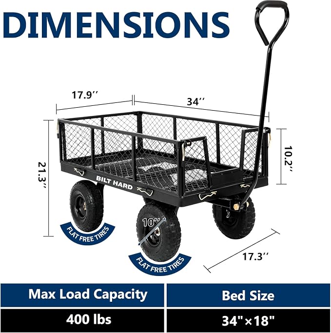 BILT HARD 10" Flat Free Tires Heavy Duty Garden Cart with 180° Rotating Handle and Removable Sides, 4 Cu.Ft 880 lbs Capacity Utility Steel Wagons for Outdoor, Yard