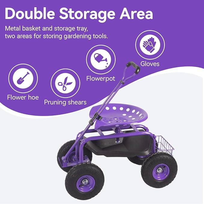 Rolling Garden Cart - Outdoor Workseat with Wheels, Heavy Duty Garden Tool Cart with Storage Bracket and Tool Tray for Yard, Planting Gardening Work (Purple)