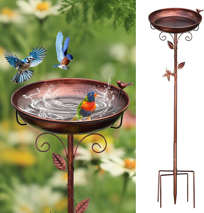 Bird Bath for Outside, 2 Bird Decor, Hummingbird on Pole & Sparrow on Bowl, 38.5 Inch Height Garden Birdbaths, 12 Inch Antique Bronze Freestanding Birdfeeder Bath for Yard Patio