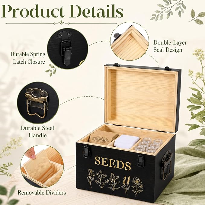 Amyhill 132 Pcs Bamboo Wood Seed Storage Organizer Box with Lid and Safety Locks, 4 Compartments Seed Saving Box with Double-layer Seal Design, Include Jars Envelopes Labels Stickers for Gardener Gift
