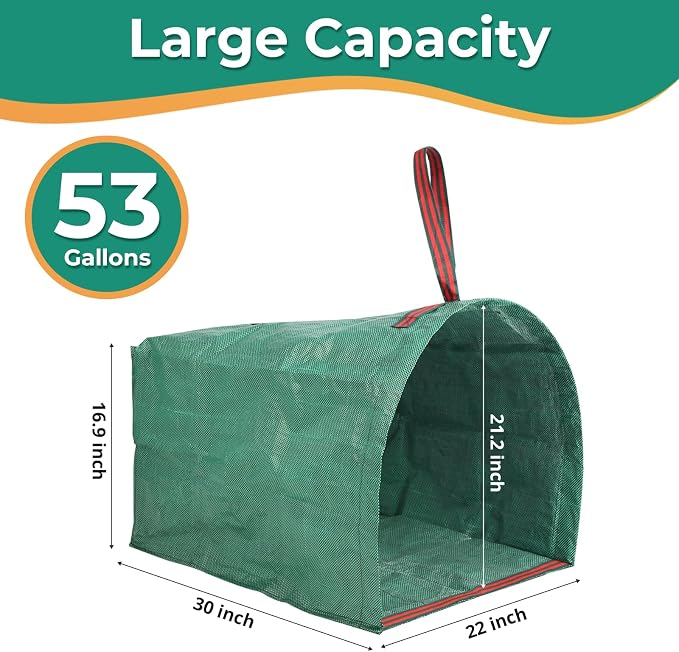 2 Pack 53 Gallon Reusable Yard Waste Bags, Dustpan-Type Leaf Collector Bag, Collapsible Heavy Duty Leaf Bags, Standable Garden Waste Bags for Collecting Leaves, Lawn Grass, Clippings and Branches