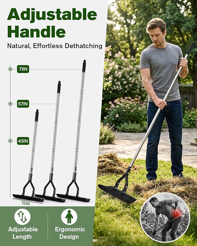 Saker Thatch Rake for Lawn Dethatching, 15" Heavy Duty Thatching Rake with 71" Adjustable Long Handle, 19 Dual-Side Steel Tines, Metal Turf Rake for Grass, Soil, Yard & Garden Lawn Care