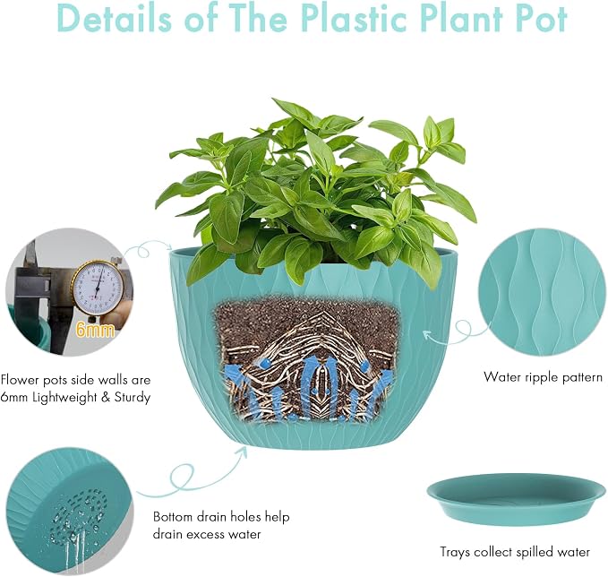 WSMKSZ 12 Inch Large Plant Pots for Indoor or Outdoor Plants, Wide Water Ripples Flower Pots with Drainage Holes & Saucer, Plastic Planters Set for Garden & Home Decor (Blue Green)