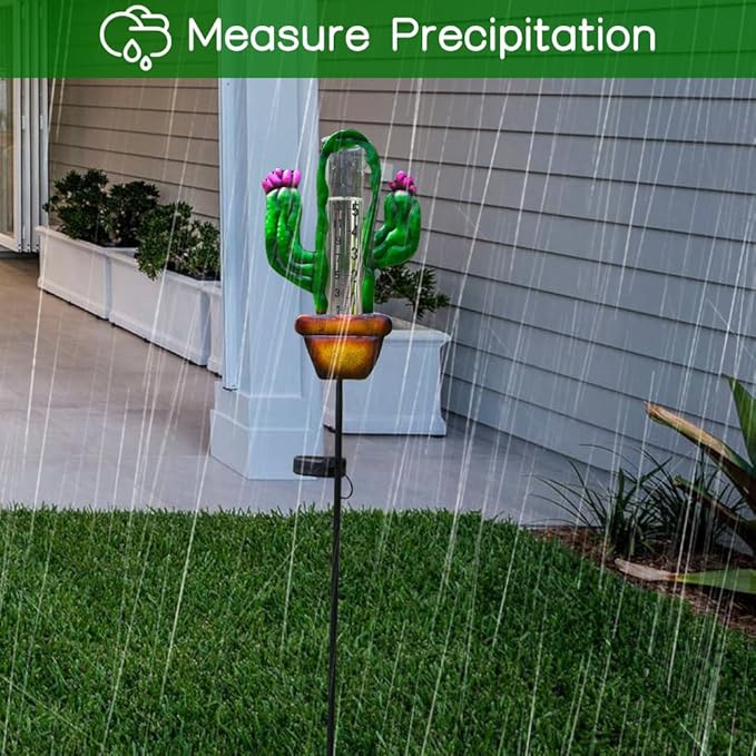 Stargarden Solar Rain Gauge Outdoor, Cactus Solar Powered Rain Gauge, 7 Inch Tube Rain Measure Gauge with Metal Stake, Decorative Rainfall Measurement for Lawn, Patio, Yard, Garden