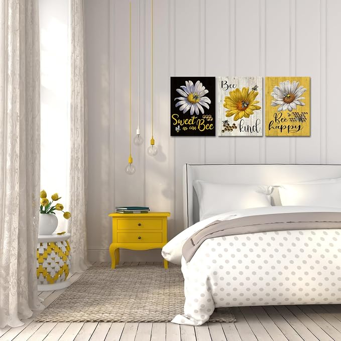 FuShvre Flower and Bee Canvas Wall Art Bee Happy Kitchen Picture Prints Black Yellow Wall Decor for Farmhouse Framed 12"x16"x3pcs
