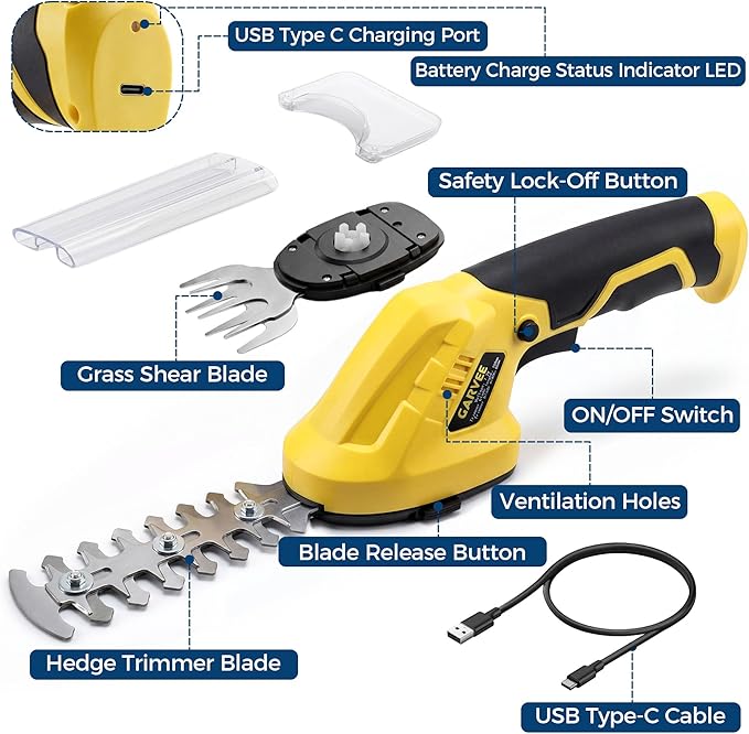 Cordless Hedge Trimmer & Grass Shear, 7.2V 2-In-1 Electric Handheld Shrub Trimme, Lightweight Rechargeable Bush Trimmers, Brushless Motor, with Type-C Cable, Dual Safety Switch, for Lawn, Garden, Yard