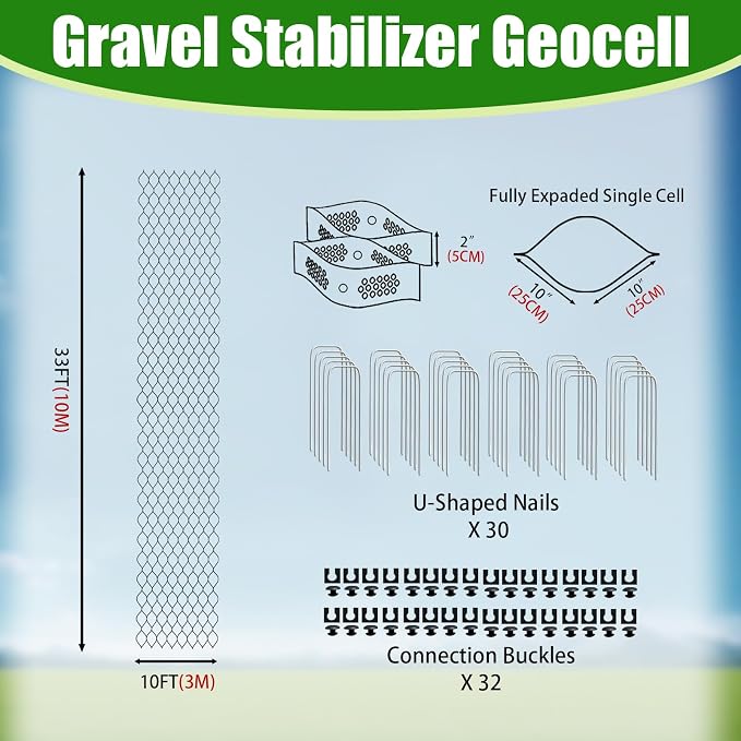 2" Thick Gravel Ground Grid 10ft x 33ft - Geo Grid Driveway Stabilization Grids, Gravel Retainer Grid 1885 LBS Per Sq ft, Geocell Geogrid for Walkway Driving RV Parking Slopes and Garden