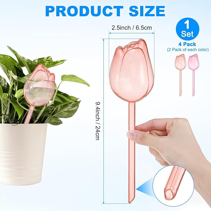 M METERXITY 4-Pack Plant Watering Globes, 9.4 Inch Plastic Self Watering Planter Insert for Indoor/Outdoor Plants, Self Water Devices [Champagne/Pink]