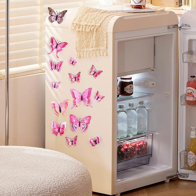 SAOROPEB 3D Butterfly Wall Decor, 24 Pcs Double Layer Butterfly Decorations for Party Decorations Locker Decor Refrigerator Decal, Reusable (Pink)