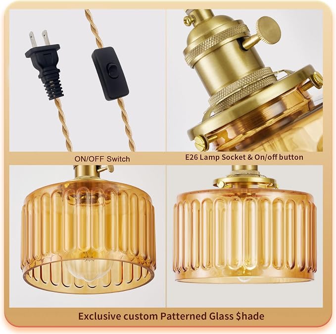 Plug in Pendant Light, Hanging Lights with Plug in Cord, Hanging Light Fixture with Clear Glass, E26 Pendant Lighting for Kitchen Island, Bedroom, Dining Room- Amber Color
