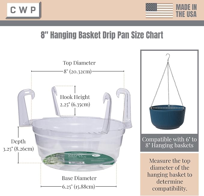 Curtis Wagner Plastics Hanging Basket Drip Pans (5-Pack) | Clear, Round (Diameter = Base 6.25", Top 8", Depth 3.5") Hanging Plant Tray Saucer with Built-in Hooks & Water Catcher for Indoor & Outdoor