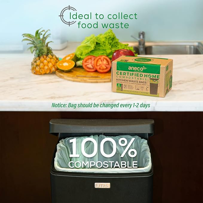 ANECO 100% Compostable Trash Bags 13 Gallon, 35 Count, Extra Thick Kitchen Compost Bags, Large Compostable Bags for Tall Kitchen Bin