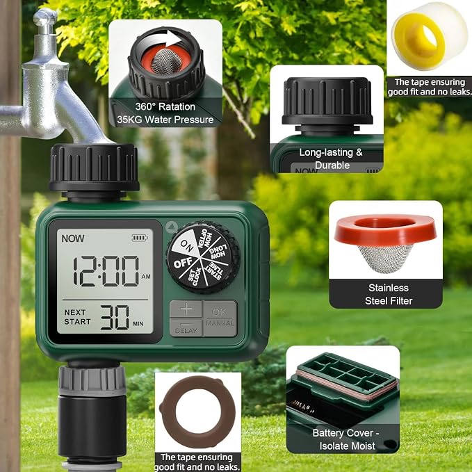 Water Timer for Outdoor Garden Hose, Sprinkler Timer for Garden Faucet with Auto/Manual/Rain Delay Mode, Sprinkler Irrigation Controller for Yard Lawn (1 Zone Plastic Inlet)