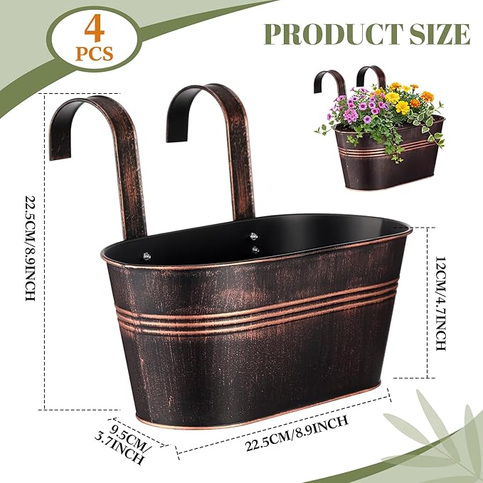 Hicarer Metal Hanging Flower Pots for Railing Fence, Large Hanging Rail Planters for Outdoor Window Balcony Plants Holder with Hooks for Garden Yard Home Decor(Bronze,4 Pcs)