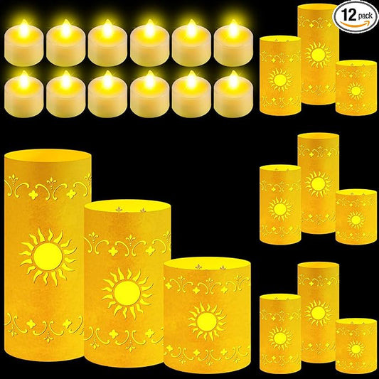 12 Pcs Princess Sun Lantern Centerpieces for Table 3 Size Gold Princess Birthday Cutout Paper Lantern Boxes with Tea Light Candle for Sun Birthday Baby Shower Decor(Cylindrical)