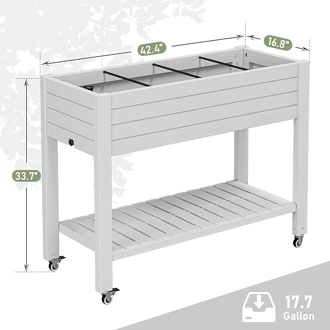 33.7" Tall Raised Garden Bed with Wheels, Divisible Resin Planter Box with Drainage Gauge & Storage Shelf, Herb Planter for Garden Patio Backyard, Cool White (33.7" h)