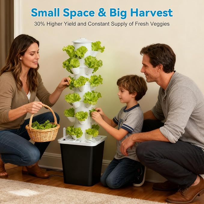 JESLED Hydroponic Tower with 5000K Full-Spectrum Grow Lights, 30 Pods Vertical 6 Tiers Hydroponic Tower, Auto Watering & Lighting for Indoor Herbs, Fruits and Vegetables, High 37"