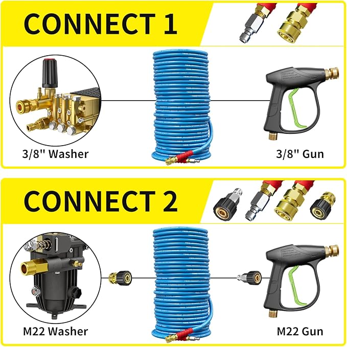 POHIR 150ft Pressure Washer Hose 3/8" 4800 PSI, Kink Resistant Industrial Grade Hose with Quick Connect Ends and Adapters for Hot & Cold Water up to 248°F, Steel Wire Braided Hose for Power Washing