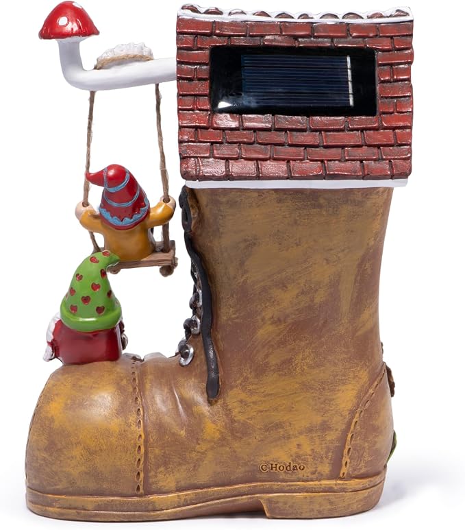 basen Solar Gnome Garden Statue with Boot House, Resin Outdoor Fairy Garden Decor with LED Lights, Waterproof Yard Ornament for Patio Lawn Backyard, Charming Gnome Figurine with Mushroom Swing
