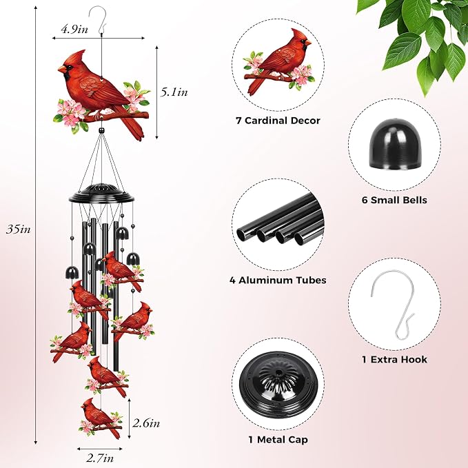 YHmall Cardinal Gifts for Women, 35 in Wind Chimes for Outside Mothers Day Gardening Gifts for Mom Colorful Metal Memorial Wind Chime Cardinal Decor for Home Yard Patio Garden Outdoor