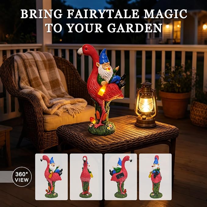 Solar Garden Gnome Riding Flamingo Sculpture with LED Light, Resin, Multicolor, Outdoor Yard Lawn Patio Decor