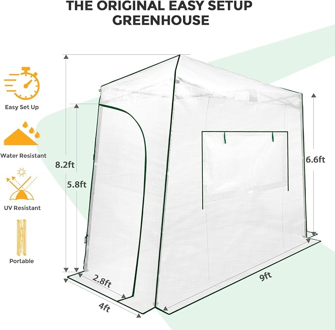 EAGLE PEAK 9x4 Portable Walk in Greenhouse, Pop Up Indoor Outdoor Greenhouse, Green House Kit with Zippered Roll-Up Doors and Windows, Lean-to Design, PE Cover, Clear/White