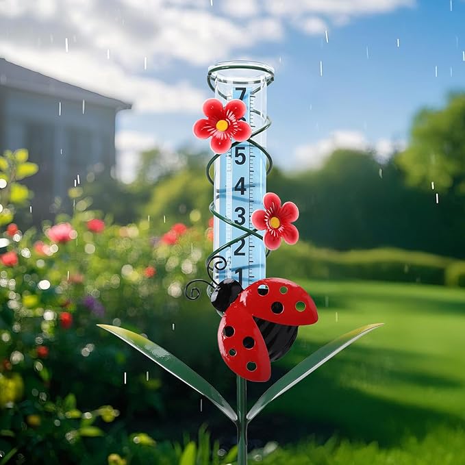 WONDER GARDEN Rain Gauge Outdoor, Decorative Ladybug Rain Gauges Outdoors Best Rated, Freeze Proof Glass Water Rain Measure Gauge with Flower for Yard Patio Lawn Decor