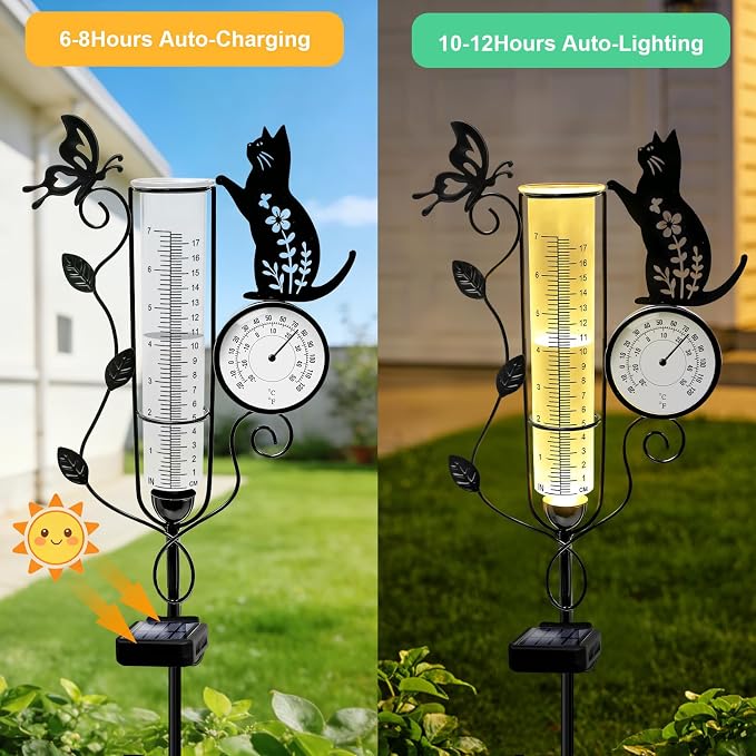 YJFWAL Cat Rain Gauge Outdoor, Decorative Metal Butterfly Solar Rain Gauge with LED Light and Thermometer, Garden Decor for Yard, Lawn, Pathway, Farm