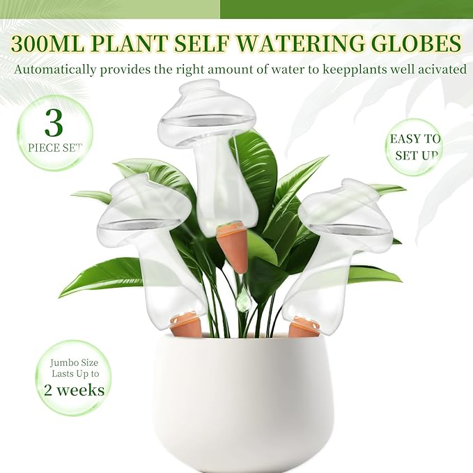 3 Pcs Plant Watering Globes Mushroom Shaped Self Watering Tool for Indoor & Outdoor Plants Automatic Watering Planter Insert 10.6 oz Bulbs with Slow Release Control Water Dripper for Plants