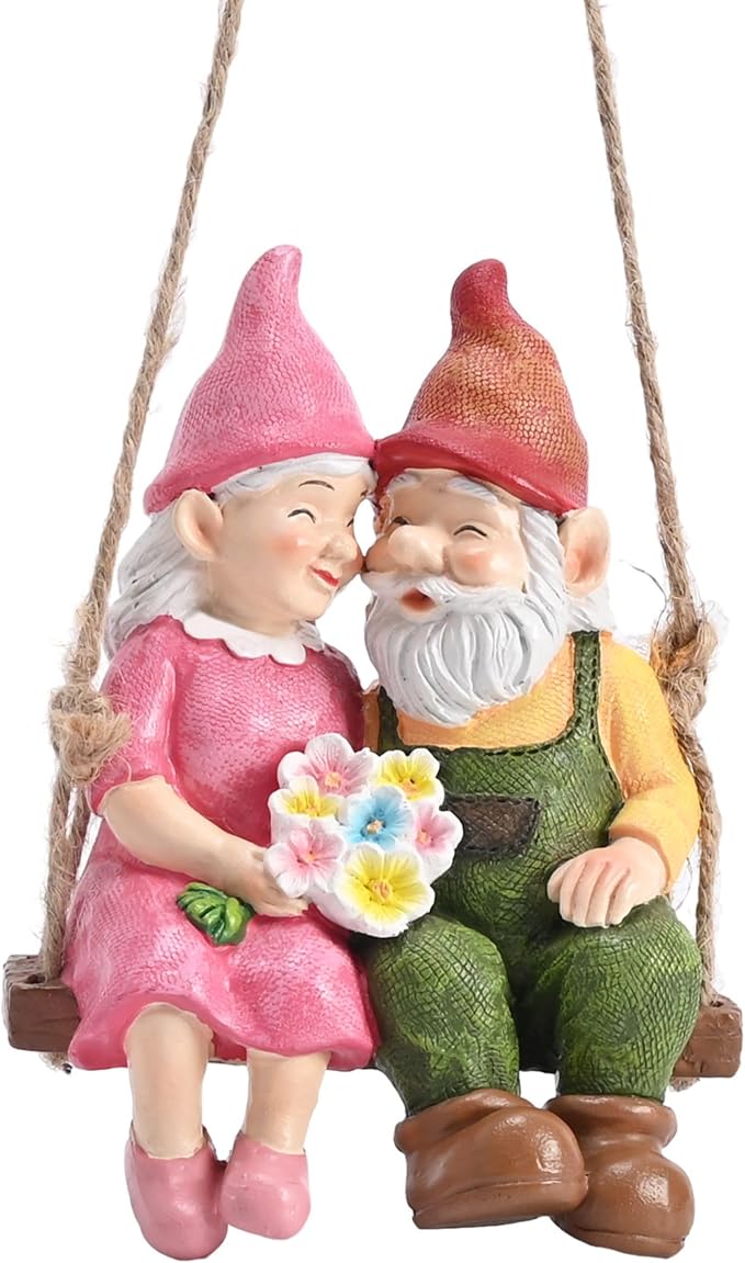 TERESA'S COLLECTIONS Garden Decor, Garden Gnomes Decor, Mr and Mrs Gnome Couple Sitting on a Swing, Waterproof Resin Garden Decor Outdoor, Tree Ornaments, Indoor/Outdoor, 6"