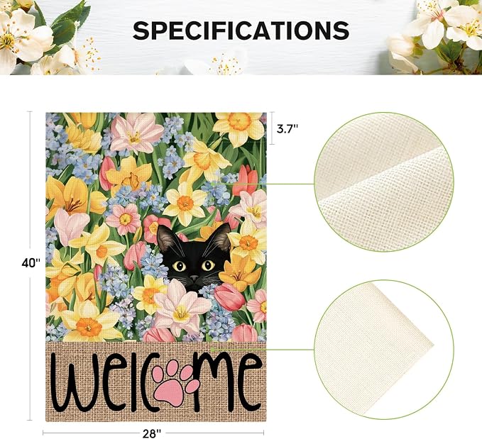 AVOIN colorlife Spring Floral House Flag 28x40 Inch Double Sided Outside, Black Cat Welcome Seasonal Yard Outdoor Flag