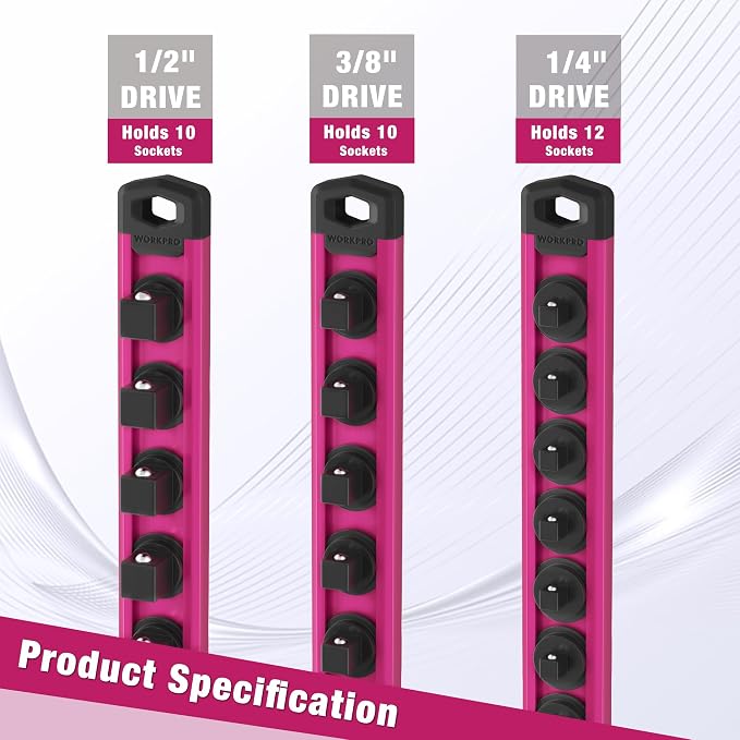 WORKPRO Magnetic Socket Organizer, 1/4-Inch Drive Aluminum Alloy Socket Rail, Heavy Duty Socket Holder, Socket Rack Kit 1/4-Inch x 12 Clips Rose Red (Socket not Included)