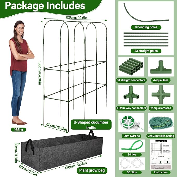 Garden Cucumber Trellis for Climbing Plants Outdoors, 65 x 50 Inch Large Metal Garden Trellis with Gardening Tools Nylon Garden Netting for Raised Bed Vegetable Fruit Flower Grow Support(U-Shape)