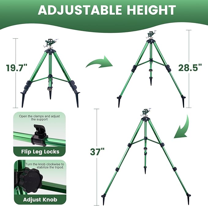 Sprinklers for Yard, 2026 Heavy-Duty Lawn Sprinkler Impact Sprinkler on Spike Tripod Base with 360° Large Area Irrigation with Extension Legs to Adjust Height Irrigation System for Garden Lawn-Green