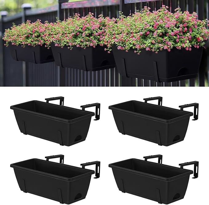 Balcony Planters Railing Hanging, Deck Railings Planter Boxes 16.9in, Railing Planter Box, Deck Planters for Railings, Railing Flower Box with Metal Brackets, Black (4Pcs)