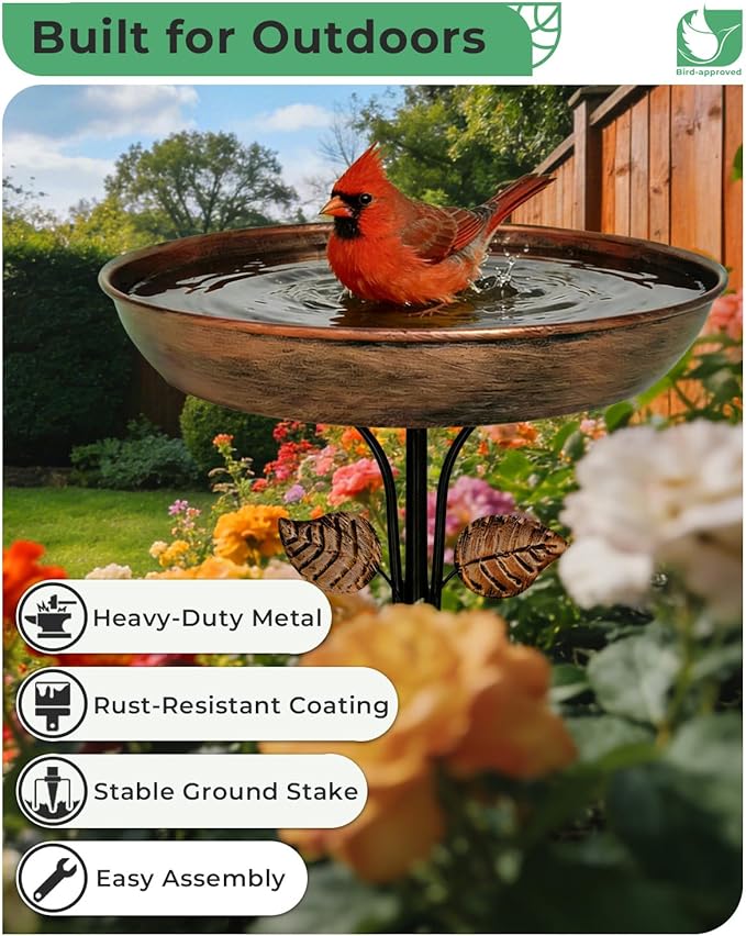 Metal Bird Bath for Outdoors, 12" Dia Bowl with Stable Upgrades Stake Birdbaths Garden Yard Lawn Decor 0.7 Gallon