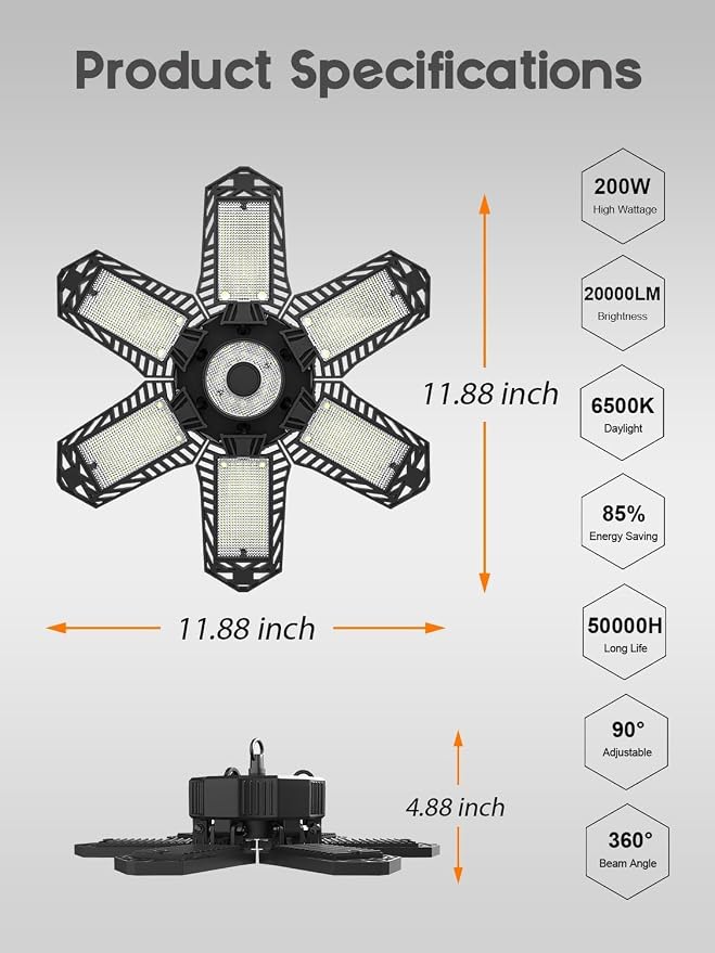 SEOBIOG LED Garage Lights 8 Pack, 200W 20000LM Plug in Linkable LED Shop Light, 6500K Ceiling Light Fixtures with 6+1 Deformable Panels for Garage, Work Bench (Built-in ON/Off Switch)