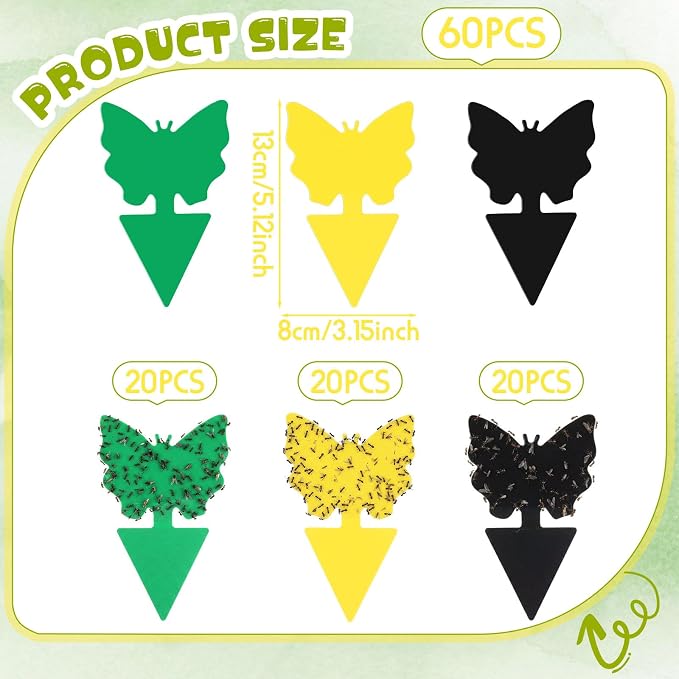 60 Pack Fruit Fly Traps Fungus Gnat Sticky Traps Yellow Black Green Plant Fly Stickers Double Side with Shovel for Indoor Outdoor Kitchen Garden Houseplant Flying Bug Insect (Butterfly)