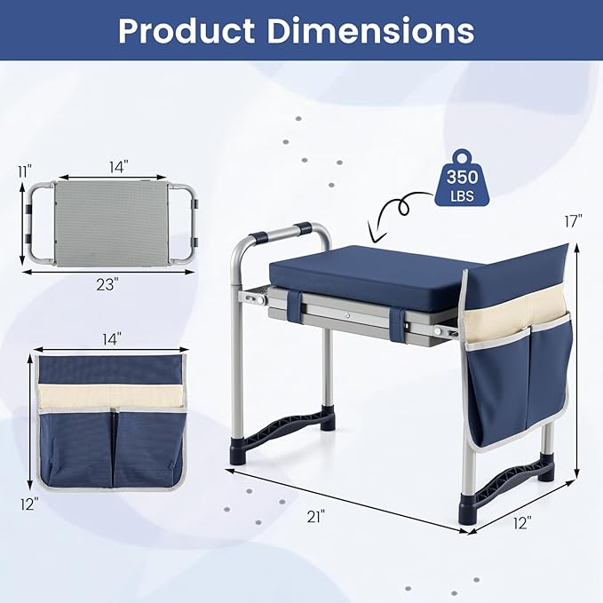 Giantex Garden Kneeler and Seat, Foldable Gardening Stool w/Wide EVA Foam Padding, Tool Pouch, Heavy-Duty Kneeling Bench for Knee & Back Pain Relief, Gardening Kit for Seniors Women Men (Navy)